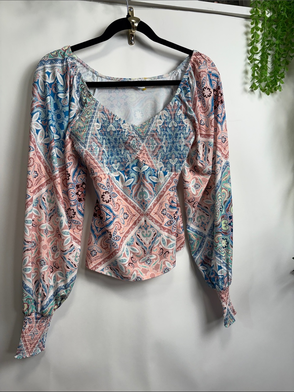 VENUS Pastel Paisley Smocked Peasant Top - Pink & Blue